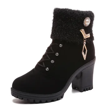 

2019 New Women's High Heels boots Frosted Shoes woman Round head Solid Color Side zipper Sexy Women's Winter boots Size 35-41