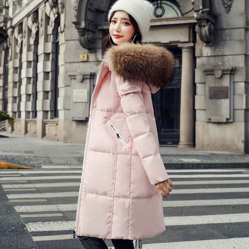 

Big raccoon fur collar Outerwear Coats Female Long loose version women's White duck down jacket winter warm hooded down Parka