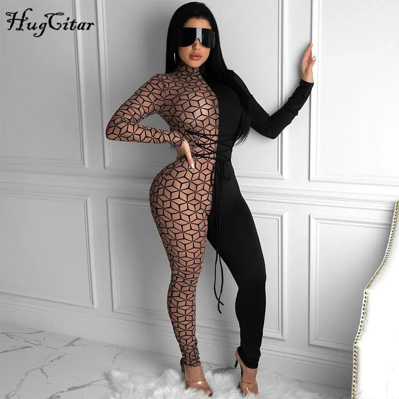Hugcitar 2020 длинный рукав водолазка Patckwork бандаж Bodycon комбинезон осень Wointer женские