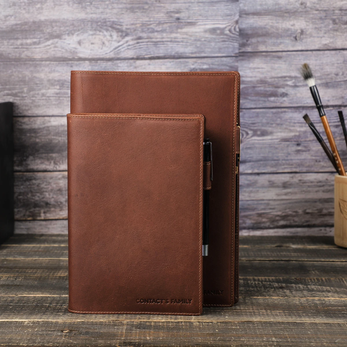 Vintage Leather Book Cover with Pen Holder – Premium Notebook Protector