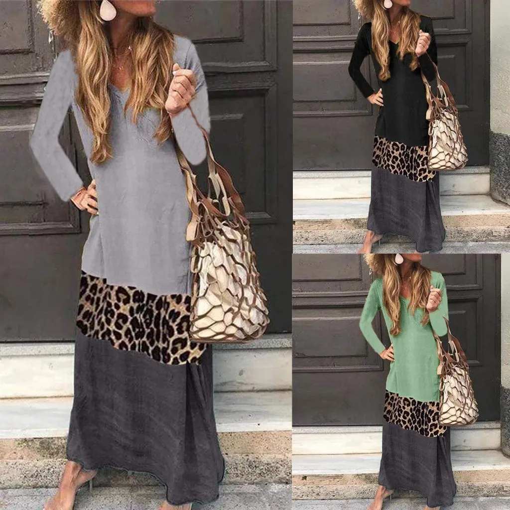 

Fashion Women Long Sleeve Dress V Neck Leopard Patchwork Casual Long V-neck Contrast Color Stitching Dress i Party Vestidos #45
