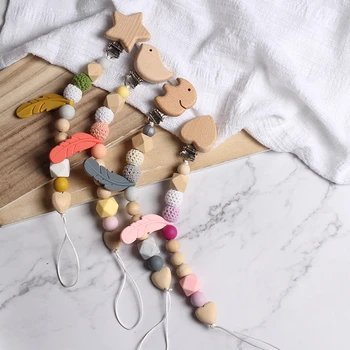 

Wooden pacifier clips chain beech animal clip infant teething hexagonal bead and crochet bead dummy clip baby Christmas gifts