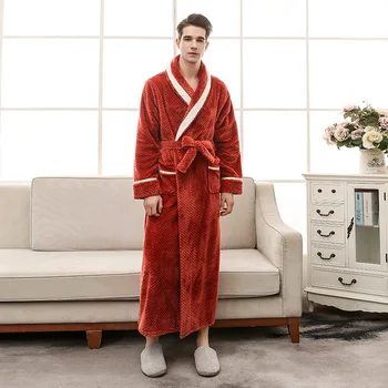 

2020 Men Winter Nightgown With Pockets Long Sleepwear Flannel Men Robe Kimono Bath Gown Thicken Coral Fleece Nightwear Homewear