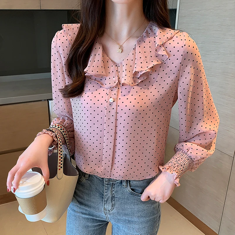 

COIGARSAM Fashion Print Shirt Womens tops New Spring Office Lady Polka Dot Full Sleeve Chiffon Loose Women shirts White Red 6790