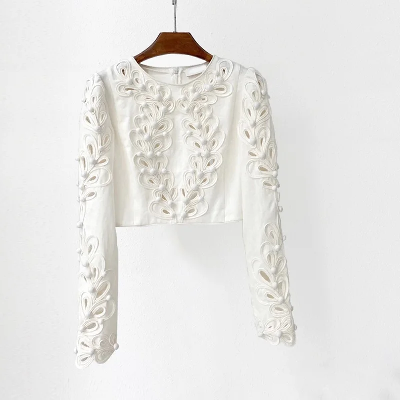Designer Fashion Hollow Out Linen Tops 2020 Autumn