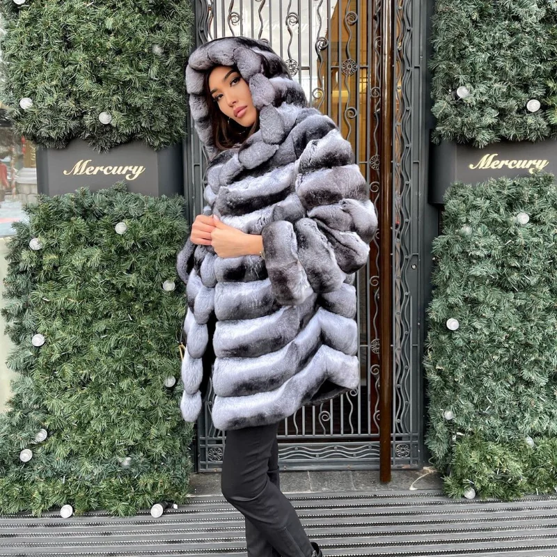 FURSARCAR 2021 Chinchilla Color Natural Fur Real Rex Rabbit Fur Coat With Hat Thick Warm Winter Women Coat Fashion Slim Overcoat