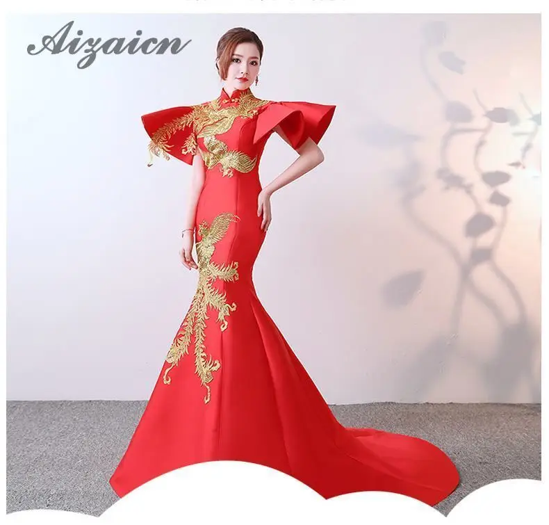 Китайское вечернее платье красная Русалка свадебное Qipao длинное женское феникс вышивка Cheongsam Сексуальная элегантная одежда розовая одежда Vestidos