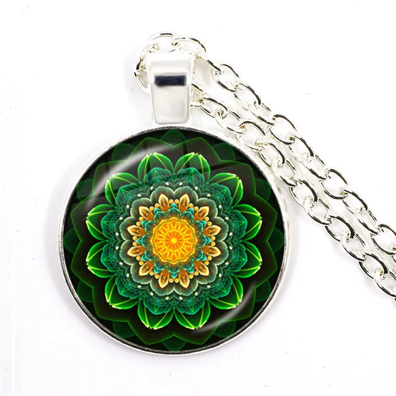 2021 Vintage Necklace Buddhism Chakra Glass Dome Cabochon Pendant Jewelry Om Indian Yoga Mandala Necklaces For Women Men