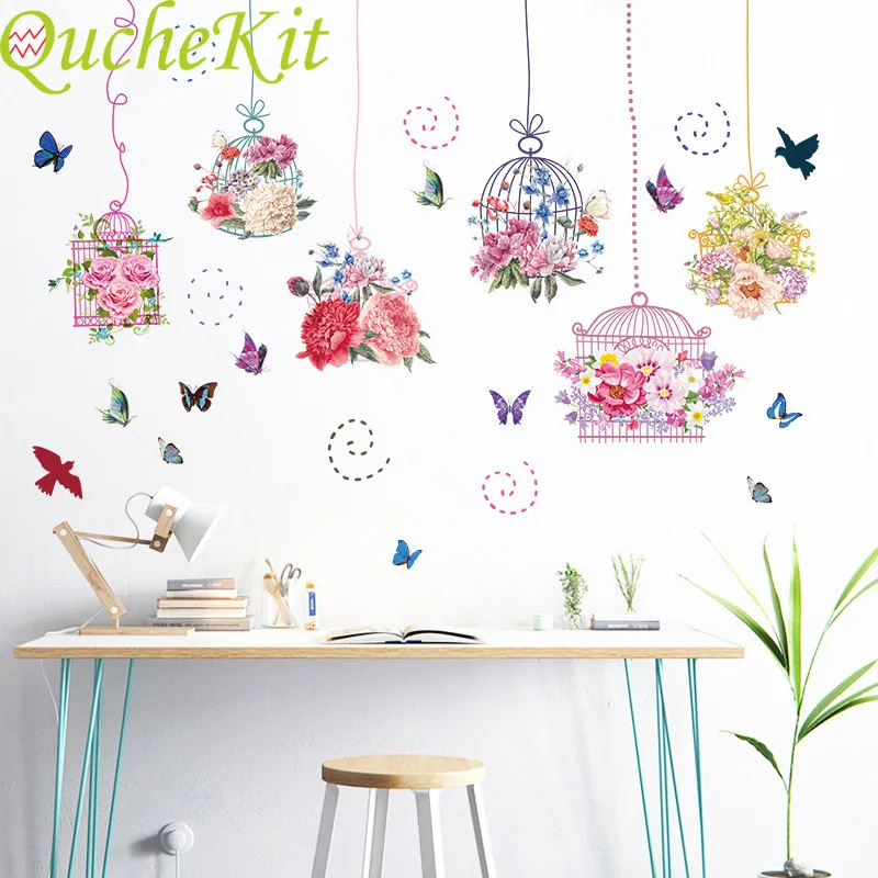 

Colorful Flower Birds Birdcage Wall Sticker Home Decor Living Room Bedroom Decorative Wall Vinyl Decal Mural Garden Window Decor