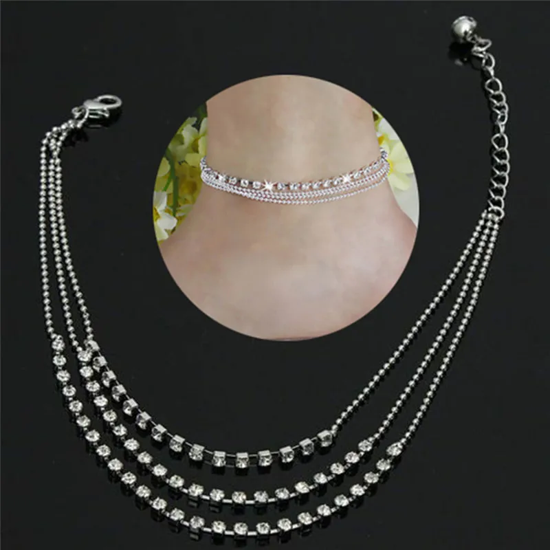 Silver Tassels Crystal Rhinestone Bead Chain Ankle Bracelet Foot Anklet