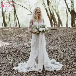 Boho стиль пляжные свадебные платья 2019 кружевное платье с рукавами средней длины De Noiva сексуальные с открытой спиной спереди Сплит Свадебные