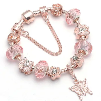 

New ol wind golden butterfly petal crystal inlaid zircon rose gold beaded ladies bracelet butterfly pendant jewelry