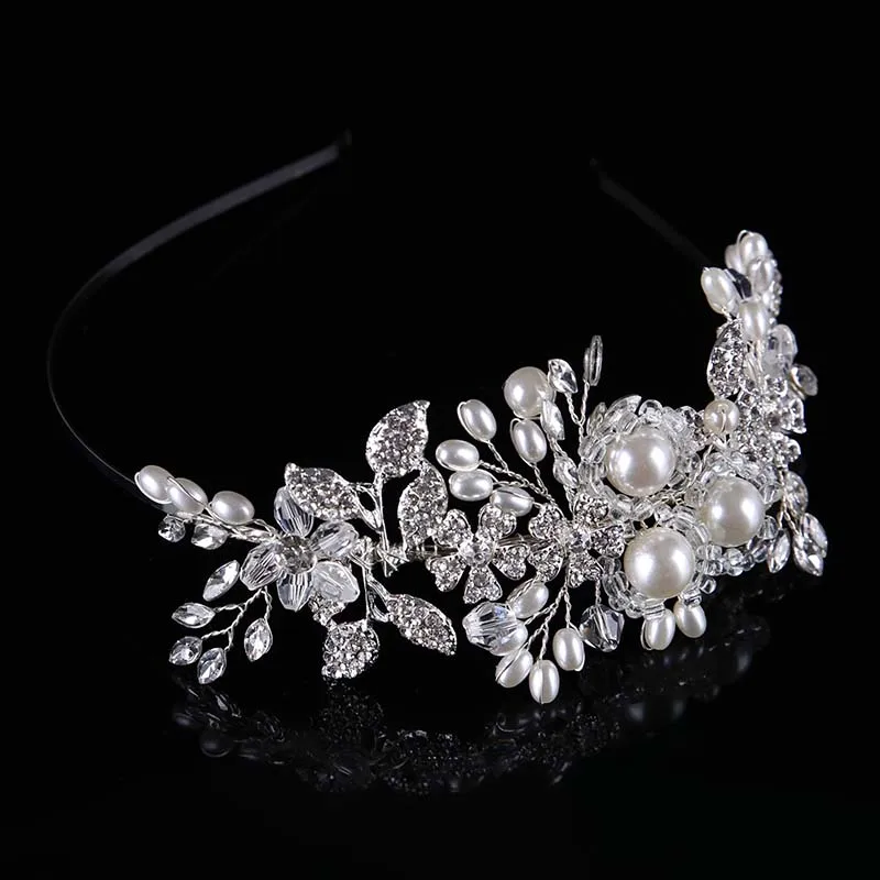 

ACRDDK Vintage Simulated Pearls Headband Handmade Sliver Crystal Beads Hairband Bridal Hair Accessories Wedding SL