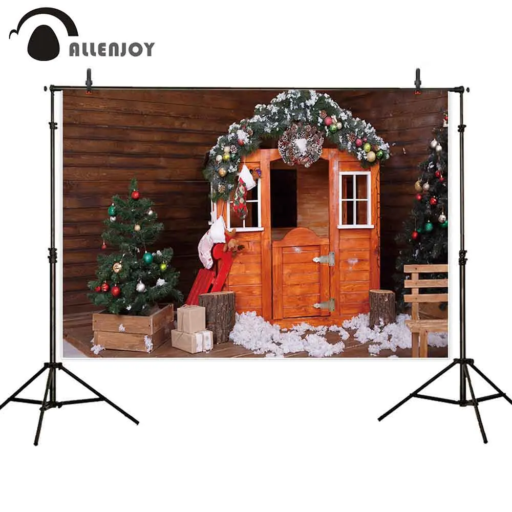 Фотофон allenjoy с изображением рождественской елки зимнего деревянного дома окном