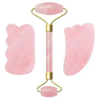 

3pcs Natural Rose Quartz Jade Rollers Gua Sha Set Facial Massager For Face Massage Fat Reduction Tools Personal Use Or As A Gift