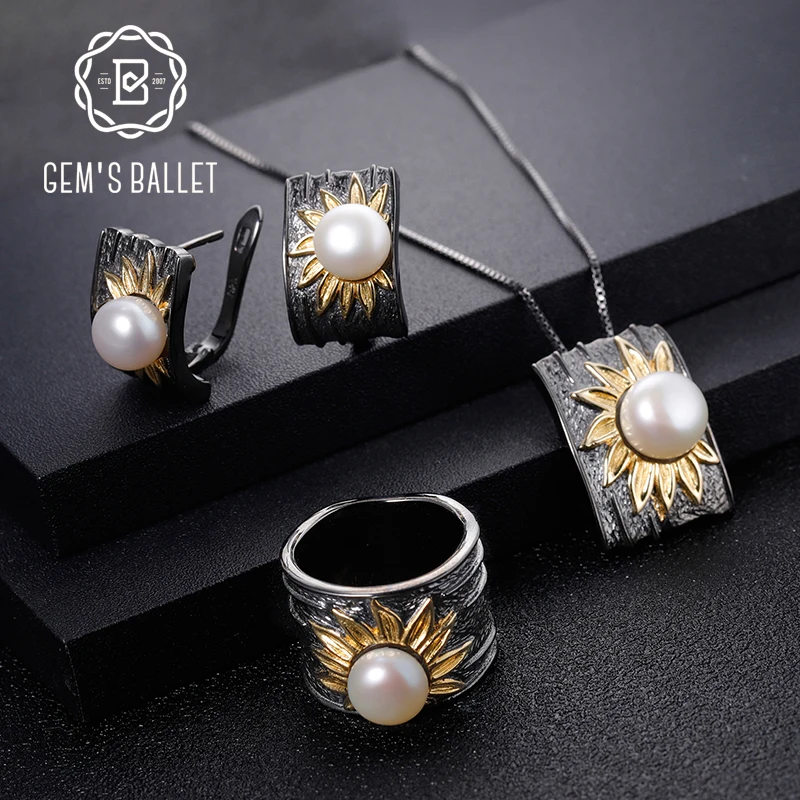 Серьги-кольца с натуральным пресноводным жемчугом и подвеской из 925 пробы серебра ручной работы, Креативный цветочный ювелирный набор для женщин