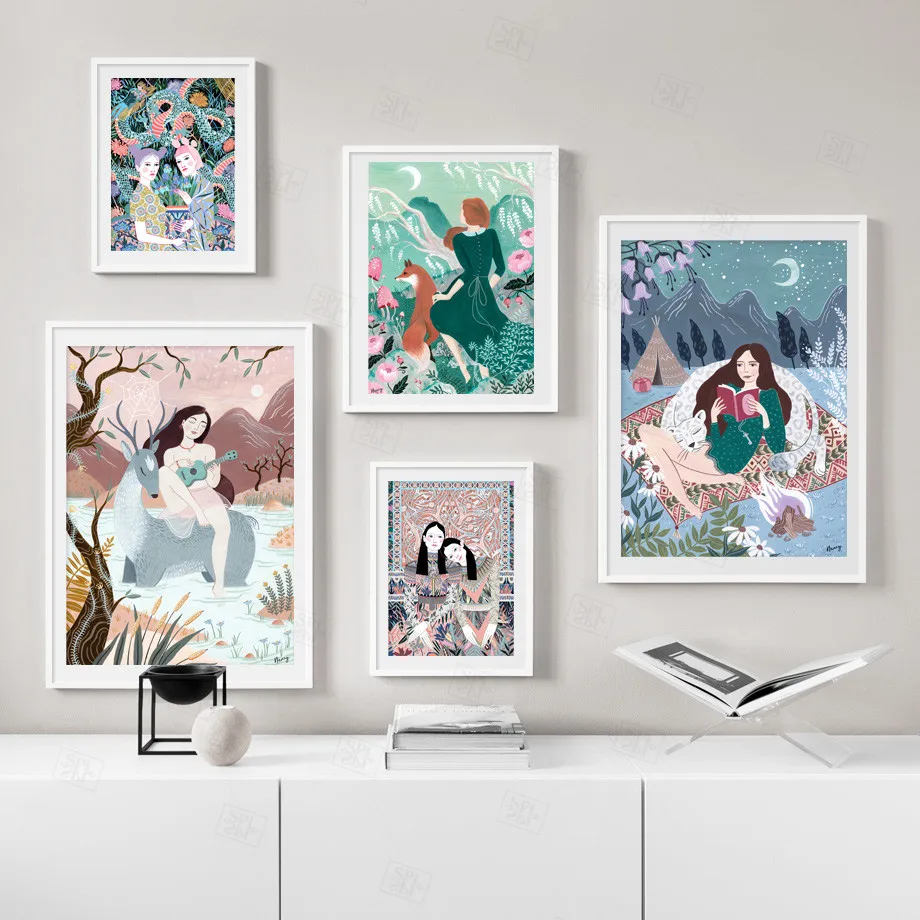 

Girl Fox Mountain Flower Abstract Landscape Wall Art Canvas Painting Nordic Posters Prints Wall Pictures for Living Room Decor