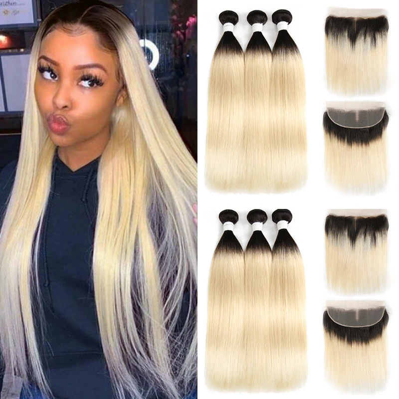 Brazilian Straight Human Hair Bundles With Frontal Ombre Blonde 1B/613 Human Hair Weave Bundles With Closure Remy Hair Extension