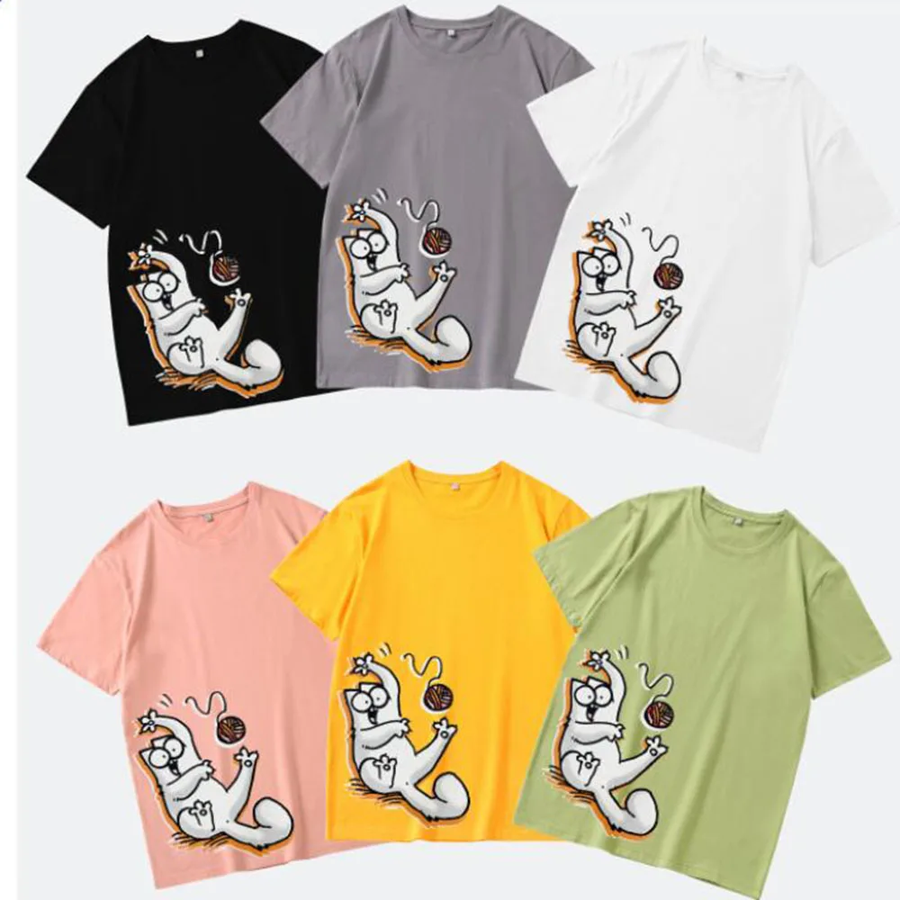 2021 cute cotton white cat harajuku print short sleeved summer neutral new round neck cotton t shirt daily simple fashion top ERIDANUS New Men's T-shirt Daily All-match Breathable Fashion Cartoons Print Round Neck Comfortable Trendy Cotton Top MTS707