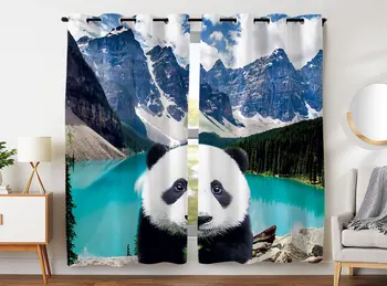

HommomH blackout curtains (2 panels) grommet top darkened blackout room blue lake cute panda