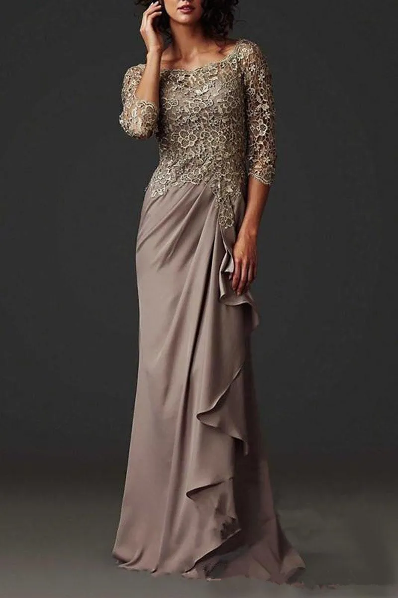 Floor Length Beads Pearls Lace 3/4 Sleeves Chiffon Elegant Mother of the Bride Dresses 2020 Jewel Vintage Prom Dresses