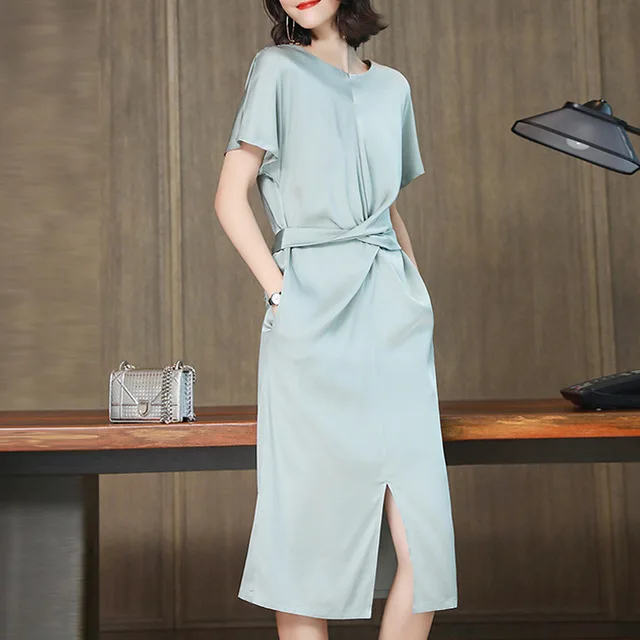 Роскошное элегантное атласное платье для женщин шелковое летнее офисное деловая