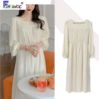 

2020 Long Vintage Dresses gentle soft Temperament Lady Korean Japanese Style Flhjlwoc Design Cute Bow Tie Beige White Dress 4209