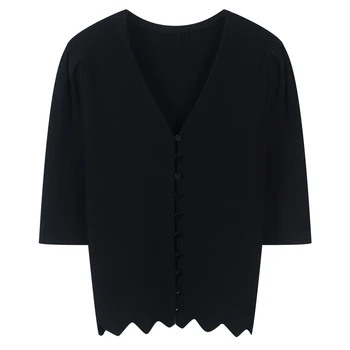 

Runway Sexy V-neck Solid Butttons Tees Women T-Shirt Knitted Summer Half Sleeve Casual Women Short Top Slim Office Ladies Tshirt