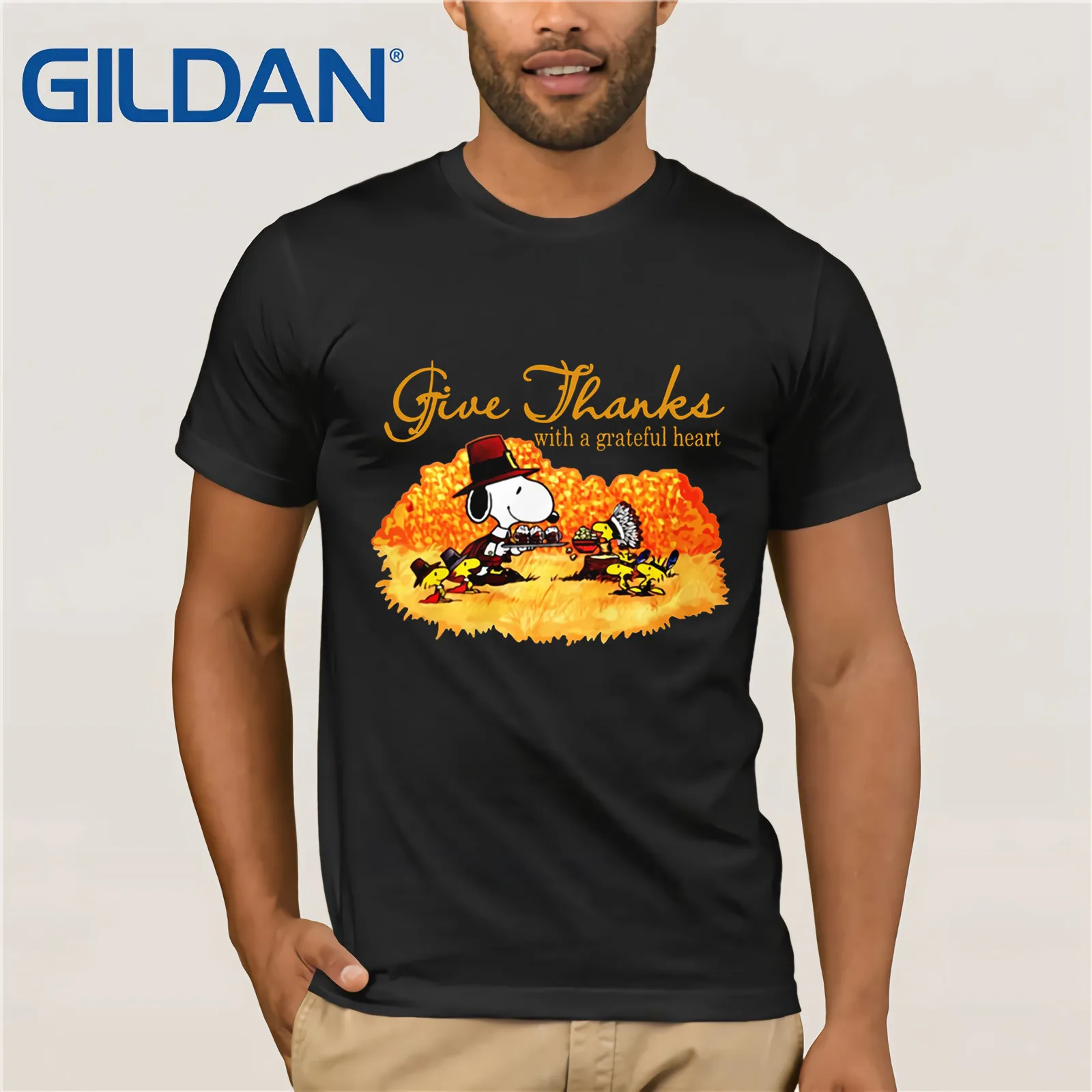 

Give Thanks With A Grateful Heart PEANUTS And Woodstock T-Shirt Men's Short Sleeve T-Shirt Funny Tees Cotton Tops T Shirt