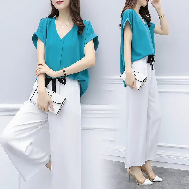 

2018 Summer Wear New Style Korean-style Backless Sense of Design Immortal Chiffon V-neck Shirt Loose Pants Two-Piece Set