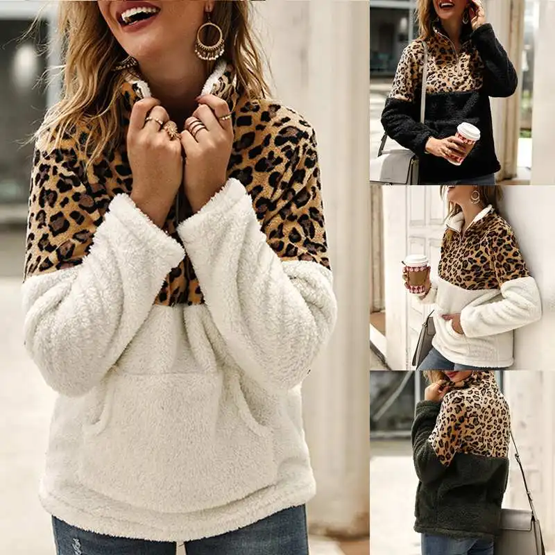 Зимние худи с длинным рукавом и карманами, женские толстовки, повседневные Лоскутные леопардовые топы на молнии, пуловер с высоким воротом, уличная одежда