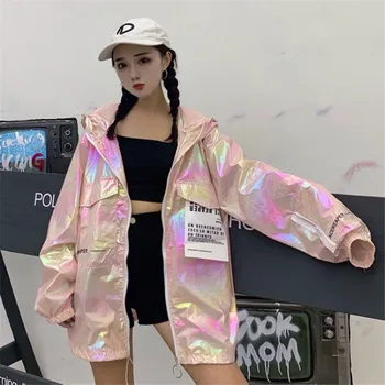

2020 Spring Hooded Bomber Jacket Women Loose Harajuku Silver Summer Thin Fluorescence Hip Hop Sunscreen Coat Streetwear Female