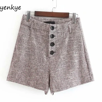 

Vintage Tweed Shorts Women Front Button High Waist Short mujer Casual spodenki damskie CCWM9448