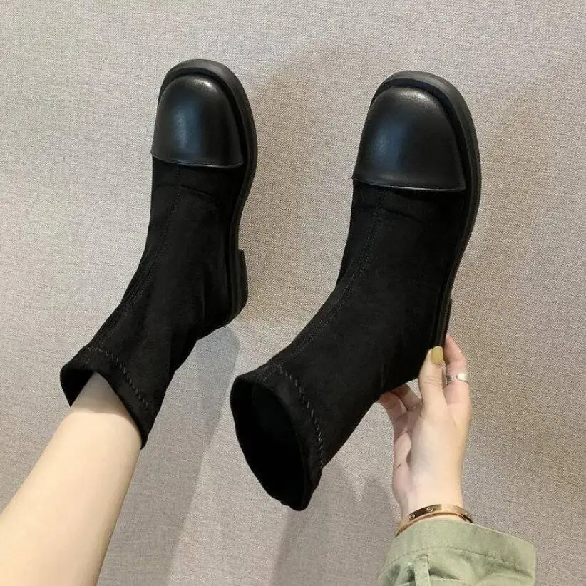 Black Короткие ботинки; женские ботинки из эластичного материала; женская обувь для ранней зимы; женские ботинки с круглым носком; Цвет черный, зеленый; Botas Mujer - Цвет: Black