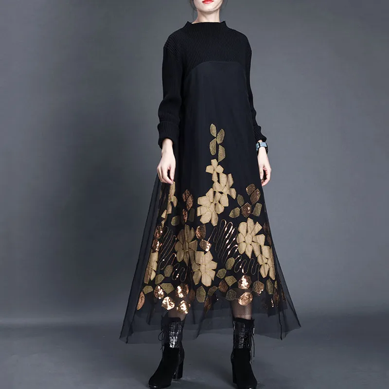 

Autumn and Winter The New Women's Retro Knitting Splicing Net Yarn Embroidery Thin Dress