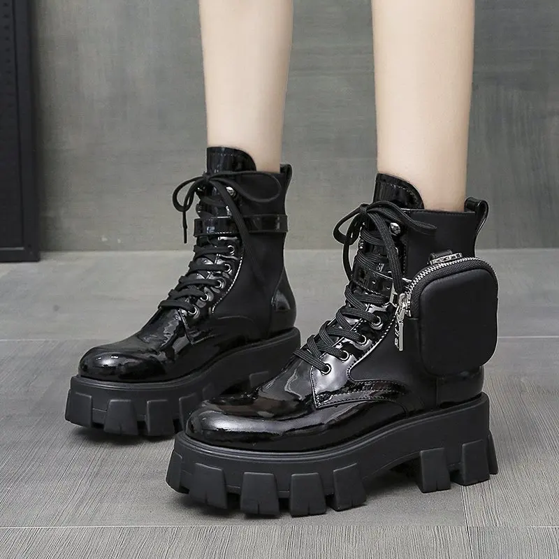 

Autumn Winter Bootie Pocket Buckle Strap Motorcycle Bota Shiny Leather Patchwork Hot New Arrival Boots Flat Platform Botas Mujer