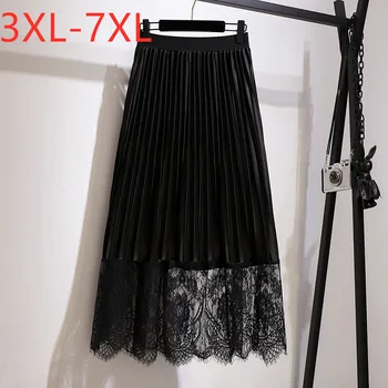 

New 2020 ladies summer plus size long skirt for women large casual loose a line black lace pleated skirts 3XL 4XL 5XL 6XL 7XL