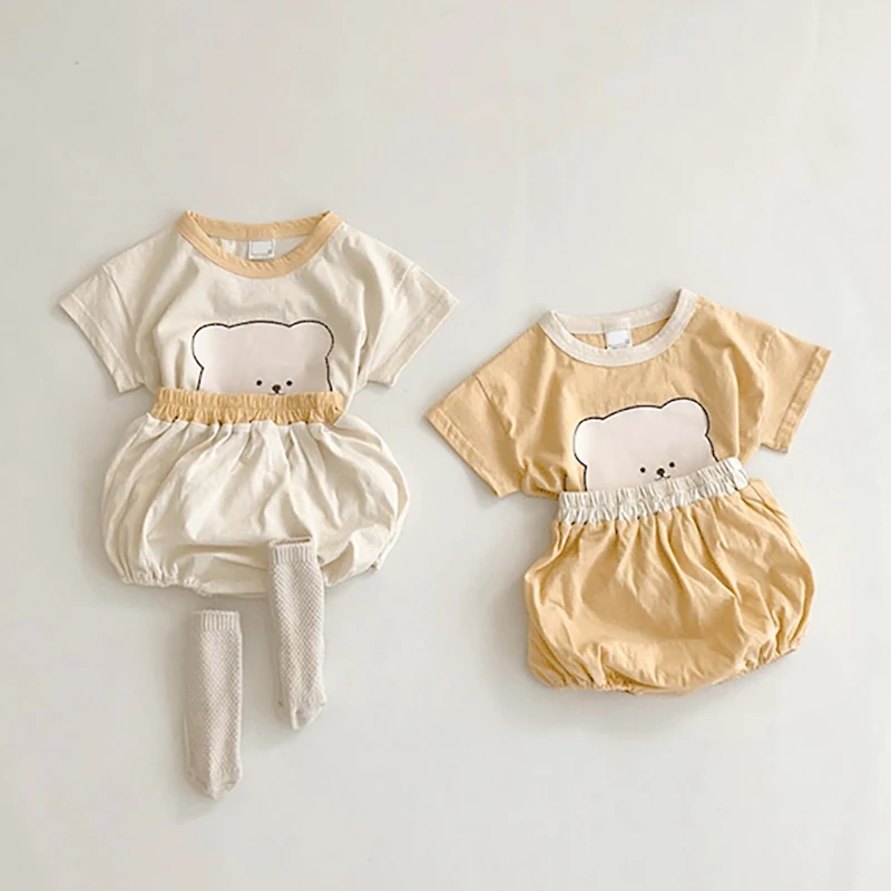 Cotton Summer Baby Clothing Set Bear Print Tshirt and Bloomer