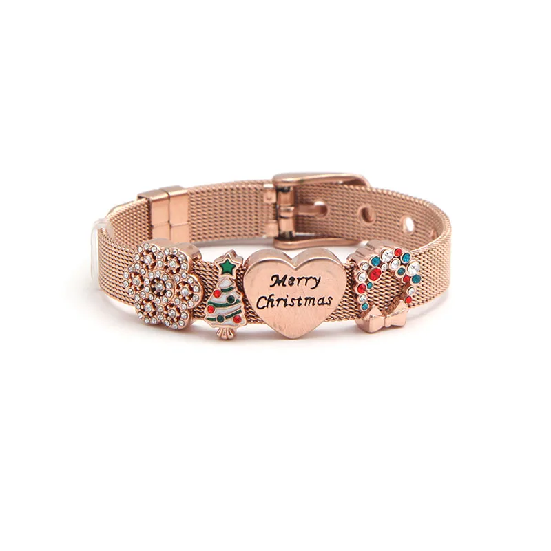 SET 10 Somsoar Jewelry Xmas Slide Charm Bracelet Stainless Steel Rose Gold Mesh Bracelet Bangles as Christmas's Day Gift - Окраска металла: SET 10