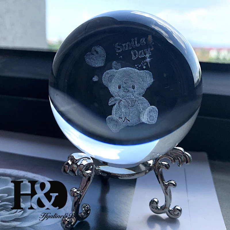 H& D 60 мм 3D лазерная гравировка Кристальный Медвежонок шар стеклянный лечебный шар миниатюры Сфера украшения дома аксессуары с подставкой