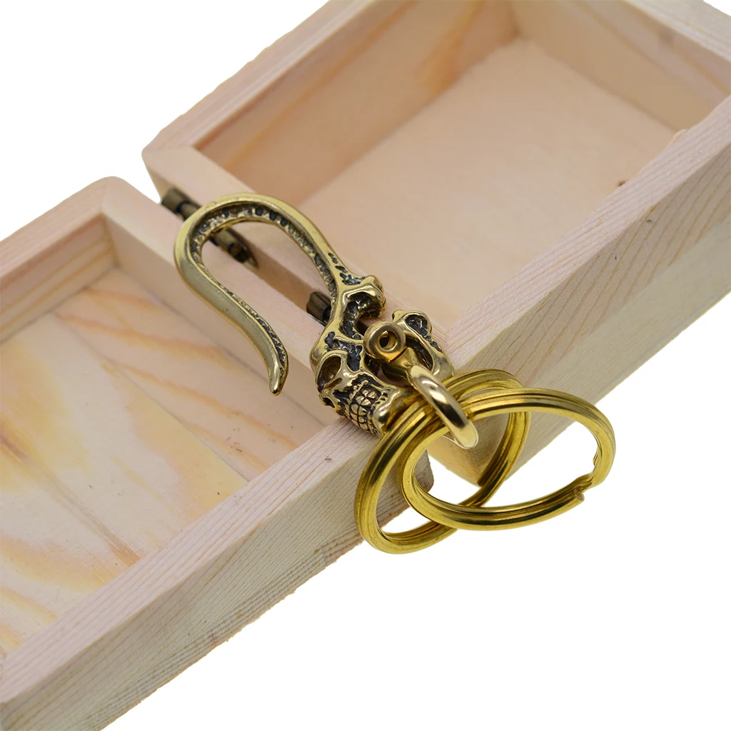 Brass Japanese Skull Fish Hook Keychain Wallet Holder Belt Clip wit 2 Ring Leathercraft Accessories