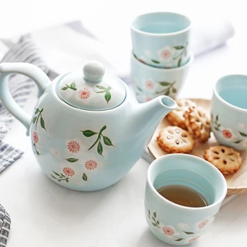 

Cherry blossom tea set Japanese style one pot four cups teacup teapot wooden tray household porcelain kungfu teaware