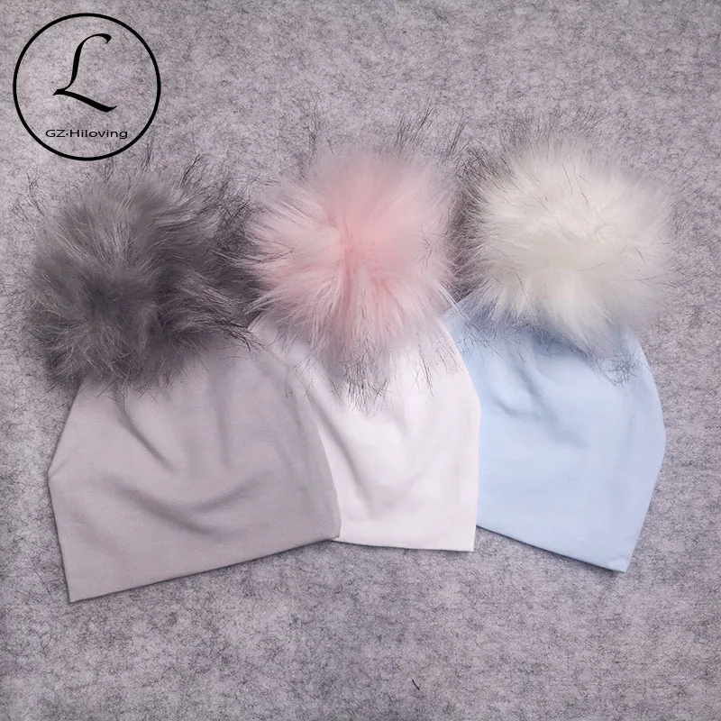 GZHilovingL Soft Cotton Faux Fur Pompom Beanies Hats For Newborn Baby Boys Girls Autumn Winter Kids Infants Toddler Baby Hats