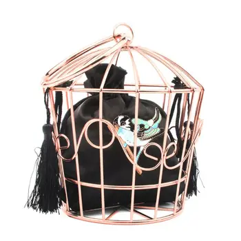 

WoMan's Birdcage Evening Bag Clutch Metal Frame Embroidery Bucket Bird Cage Mini Purse WoMan Tassel Handbag