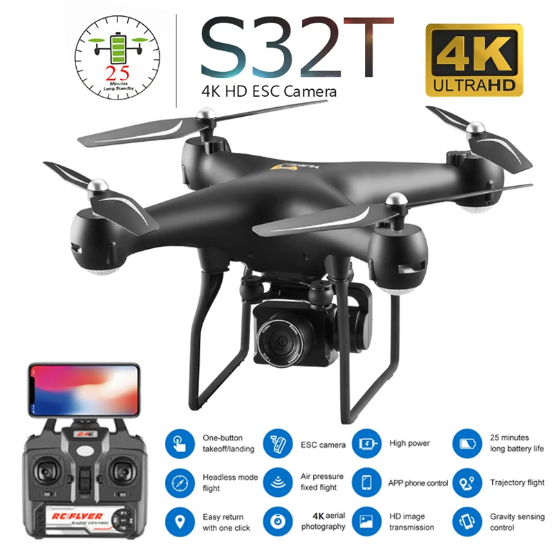 Профессиональный Дрон S32T с вращающейся камерой ESC 4K HD WiFi FPV с широким углом удержания высоты RC Квадрокоптер Вертолет игрушка VS XY4 E58