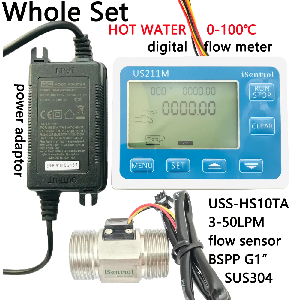 Hot Water US211M Digital Flow Meter with SUS304 Stainless Steel G1&quot USS-HS10TA 3-50L/min Hall Sensor Reader | Инструменты