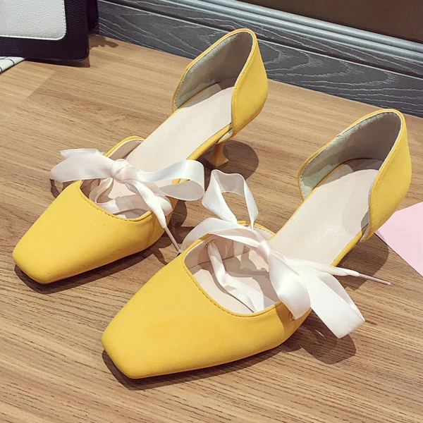Женские туфли-лодочки на высоком каблуке; свадебные туфли; туфли с бантом-бабочкой; женские модные модельные туфли с квадратным носком; Новинка года; DE - Цвет: Yellow Pumps