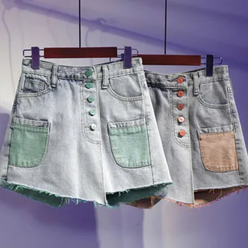 

Denim Skirts Above Knee, Mini High Waist Skirt Button Solid Office Lady 2020 Summer New Button Pockets Blue Jean Skirt Style