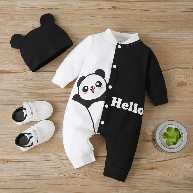 Baby Boy Clothes Spring Fall 2 Pcs Cotton Cute Cartoon Panda Letter  Patchwork Single Breasted Long Sleeve Baby Romper+hat 0-18M | Unilovers