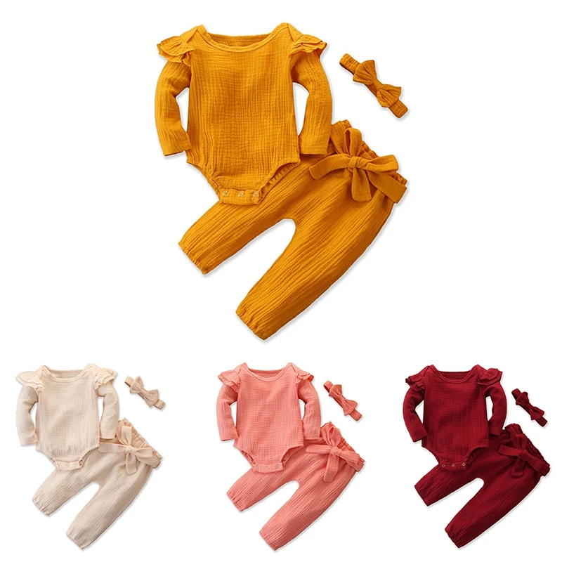 

Baby Romper Girl Autumn Baby Girl Long Flare Sleeve Romper Tops Trousers With Sashes Headband Outfits Clothes